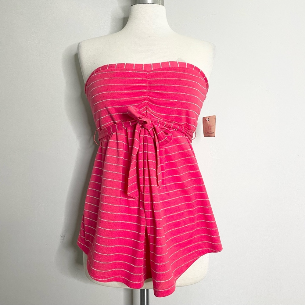 DEREK HEART Metallic Stripe Strapless Belted Top